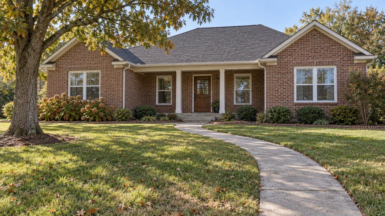 A red-brown brick home with gabled roofs and a covered front porch sits beyond a broad autumn lawn and curved concrete walk.