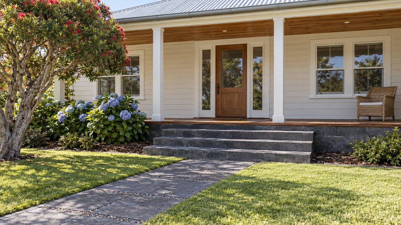 Light-painted timber home with a raised wood veranda, basalt steps, a broad lawn and blue hydrangeas in warm morning light.