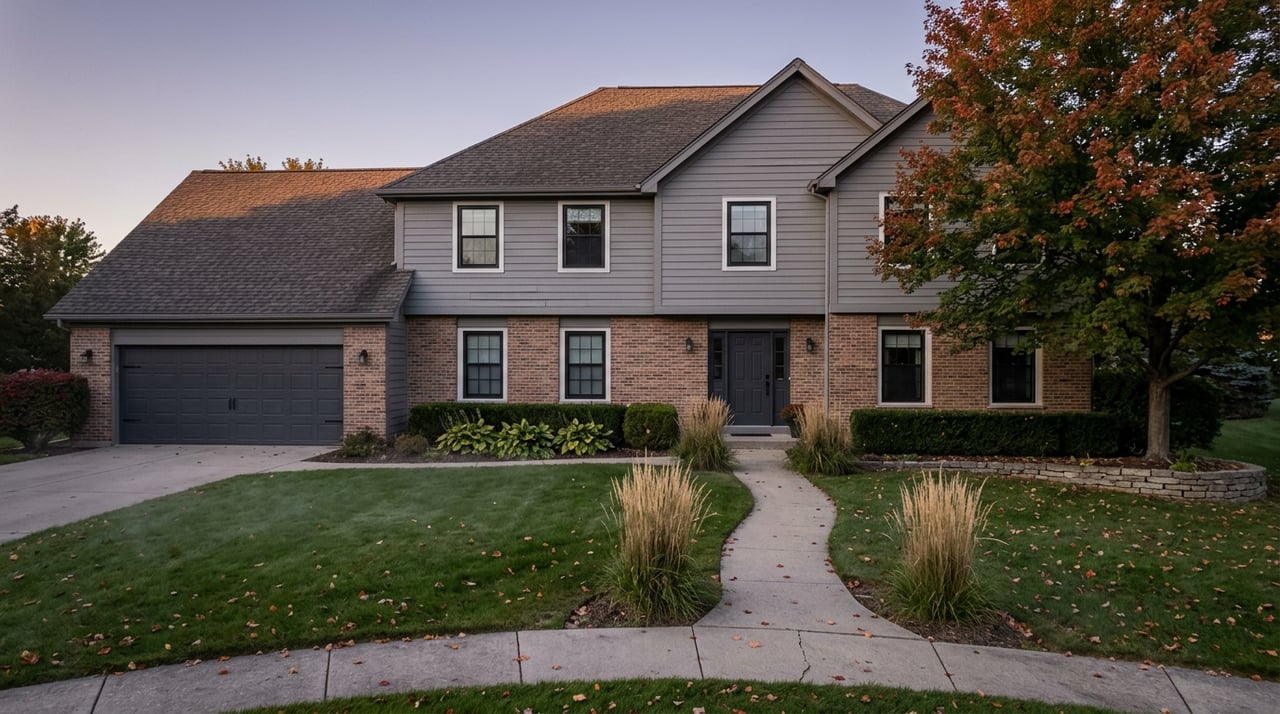 Two-story gray Colonial home at dusk, with a glowing front window and a red-orange maple beside the lawn.