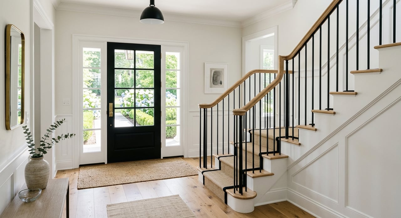 White staircase with black balusters rises behind a divided-light front door, with a flax runner and garden visible through the glass.