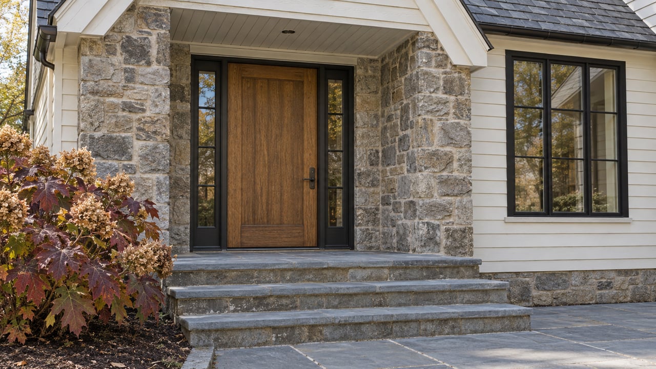 Oak entrance door with paired glazed sidelights, gray-brown stone surround, ivory clapboards and broad bluestone steps beside autumn oakleaf hydrangeas.