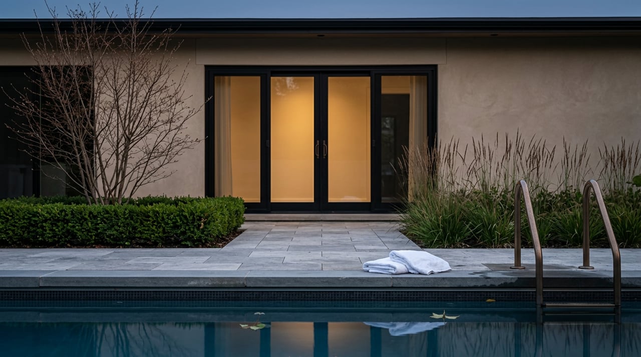 Still backyard pool reflects dusk beside stone coping, travertine terrace, and warmly lit black-framed glass doors.