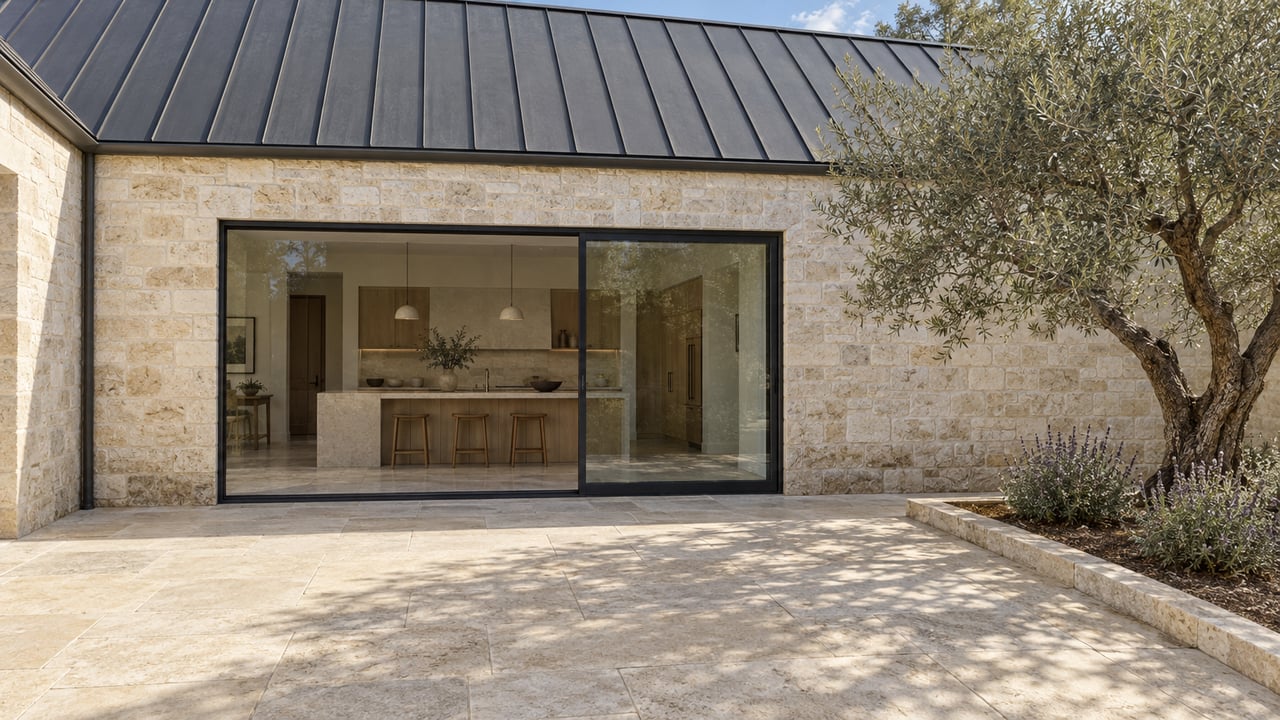 Sunlit limestone courtyard facing a glazed kitchen beneath a charcoal gabled roof, with a mature olive tree in a raised-edge planting bed.