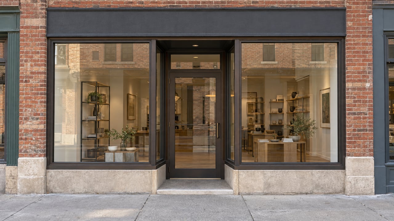 Older brick storefront with a centered glass entry, flanked by display windows and narrow views of adjoining bays.