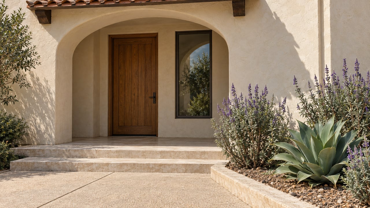 Cream stucco arched entry with a closed oak door, bronze-framed window, limestone steps and drought-tolerant planting.