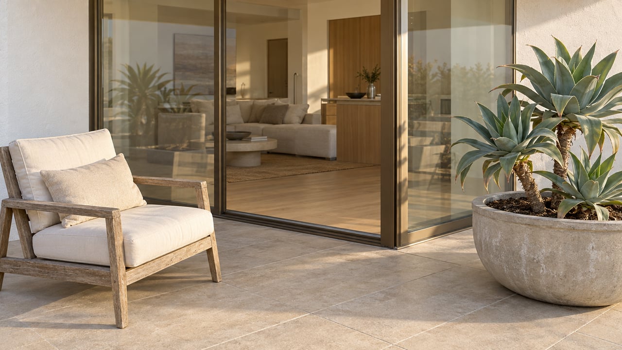 A sunlit residential terrace with sand-colored paving, a weathered teak lounge chair, and a sculptural succulent beside bronze-framed glass doors.