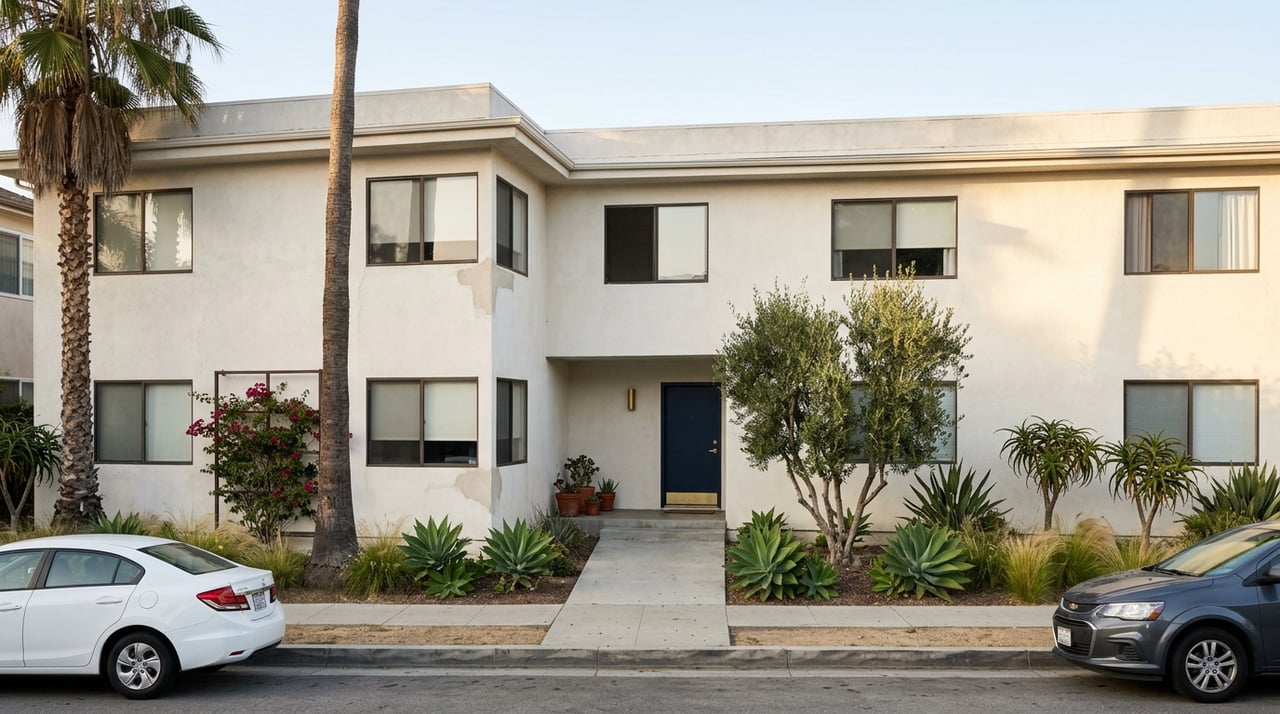 Stucco walk-up apartments with a landscaped setback, open breezeway, and navy-and-brass entry details.