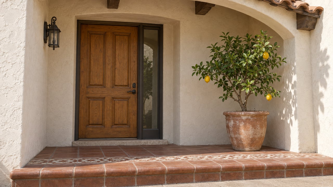Sheltered stucco entry with an oak door, weathered clay-tile landing and a potted lemon tree in warm daylight.