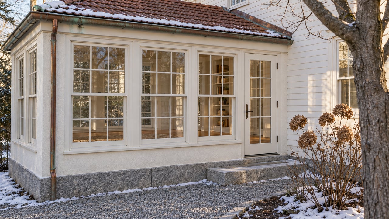 Winter sunlight on a white enclosed sunroom with multi-pane windows, a granite doorstep and traces of snow.