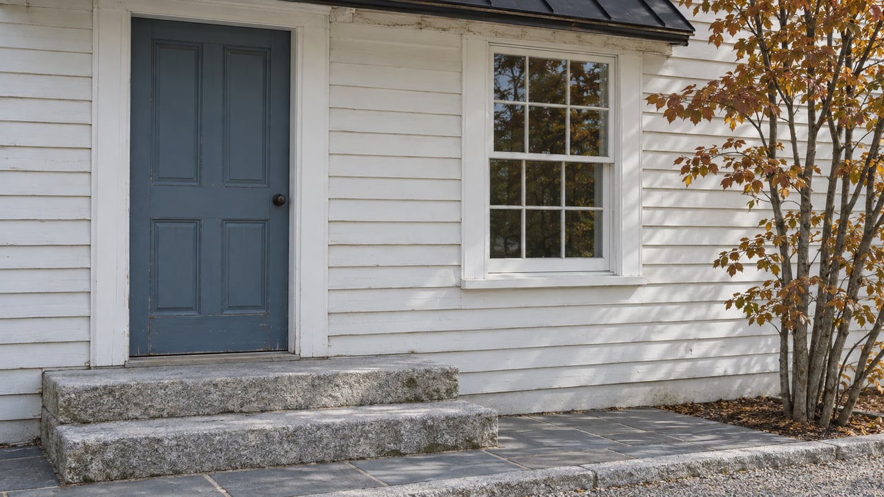 White clapboard house with a muted blue front door, divided-light window, and two granite steps.