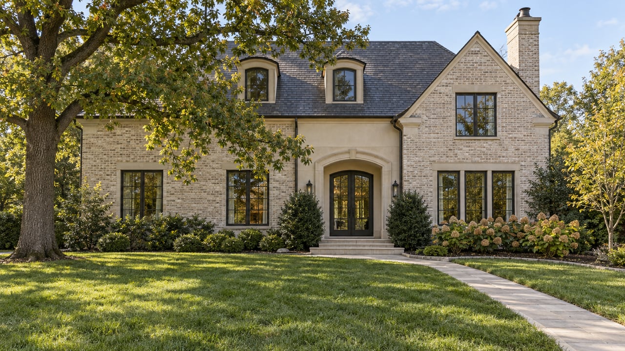 Pale brick and stucco home with a steep slate roof, limestone entry walk, broad front lawn and a mature oak in early autumn light.