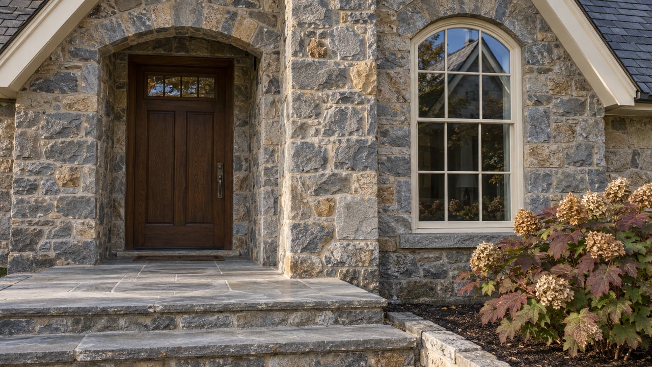 Morning light on a fieldstone home entrance, slate roof, arched window and oakleaf hydrangea beside broad stone steps.