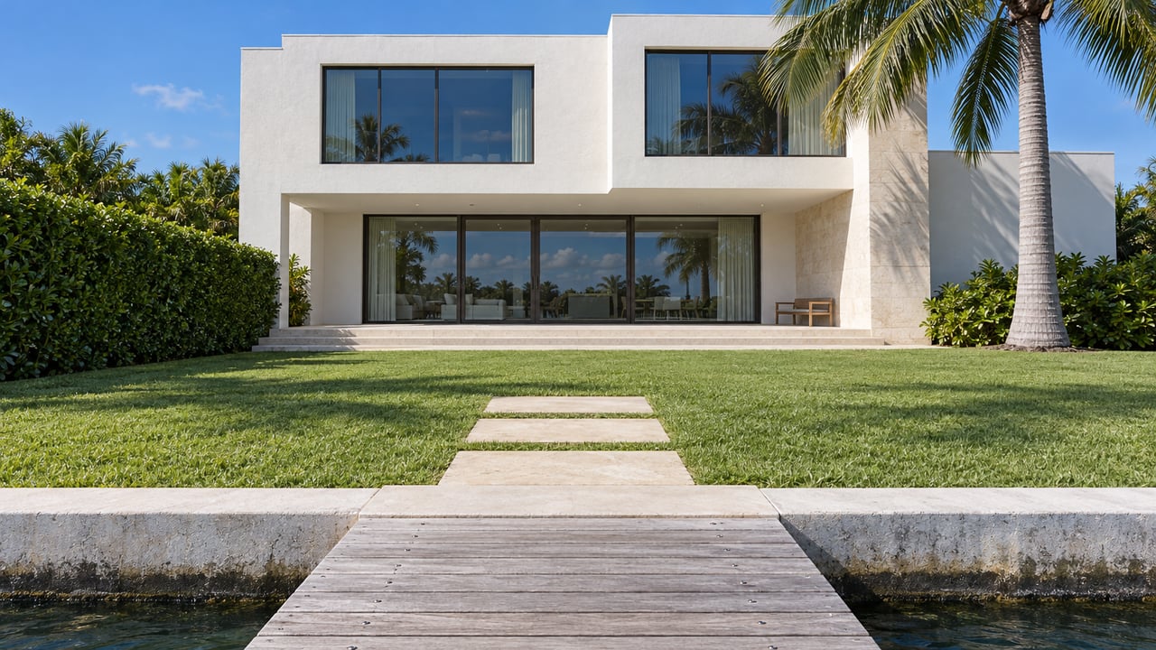 Private hardwood dock meeting a broad lawn and limestone terrace outside a white stucco waterfront home with bronze-framed glazing and a mature royal palm.