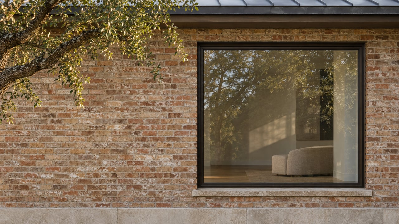 Weathered brick facade with a bronze-framed window, limestone sill, and oak leaves overhead.