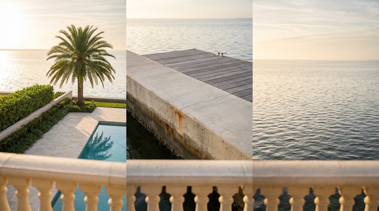 Raised view across a travertine pool terrace to a weathered concrete seawall and wooden dock beside calm water.