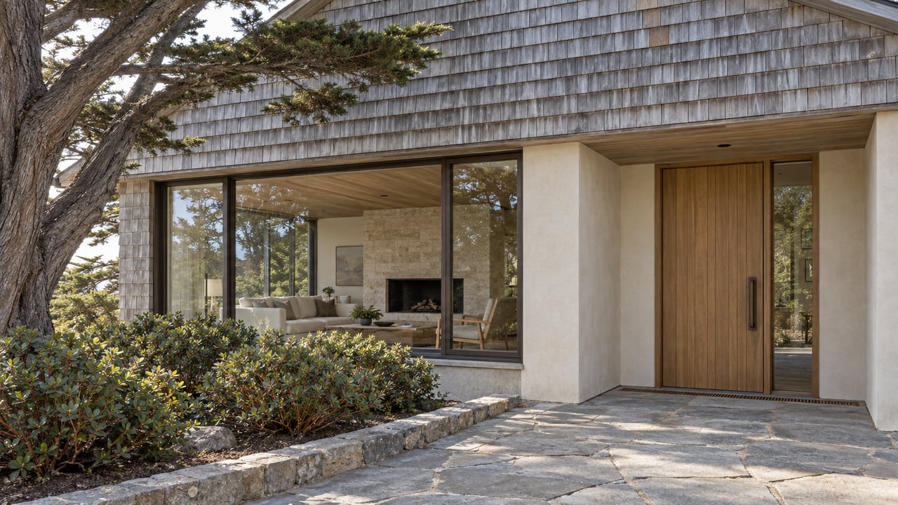 Weathered shingle residence with a recessed teak entry, broad bronze-framed window, sandstone terrace, and sculptural cypress.