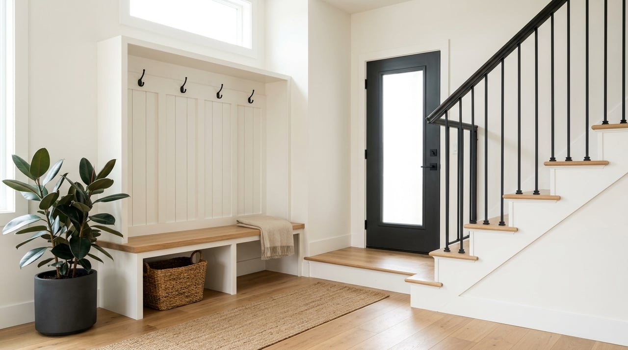 Mudroom with a built-in bench beside a staircase, featuring black-and-white details and warm oak.