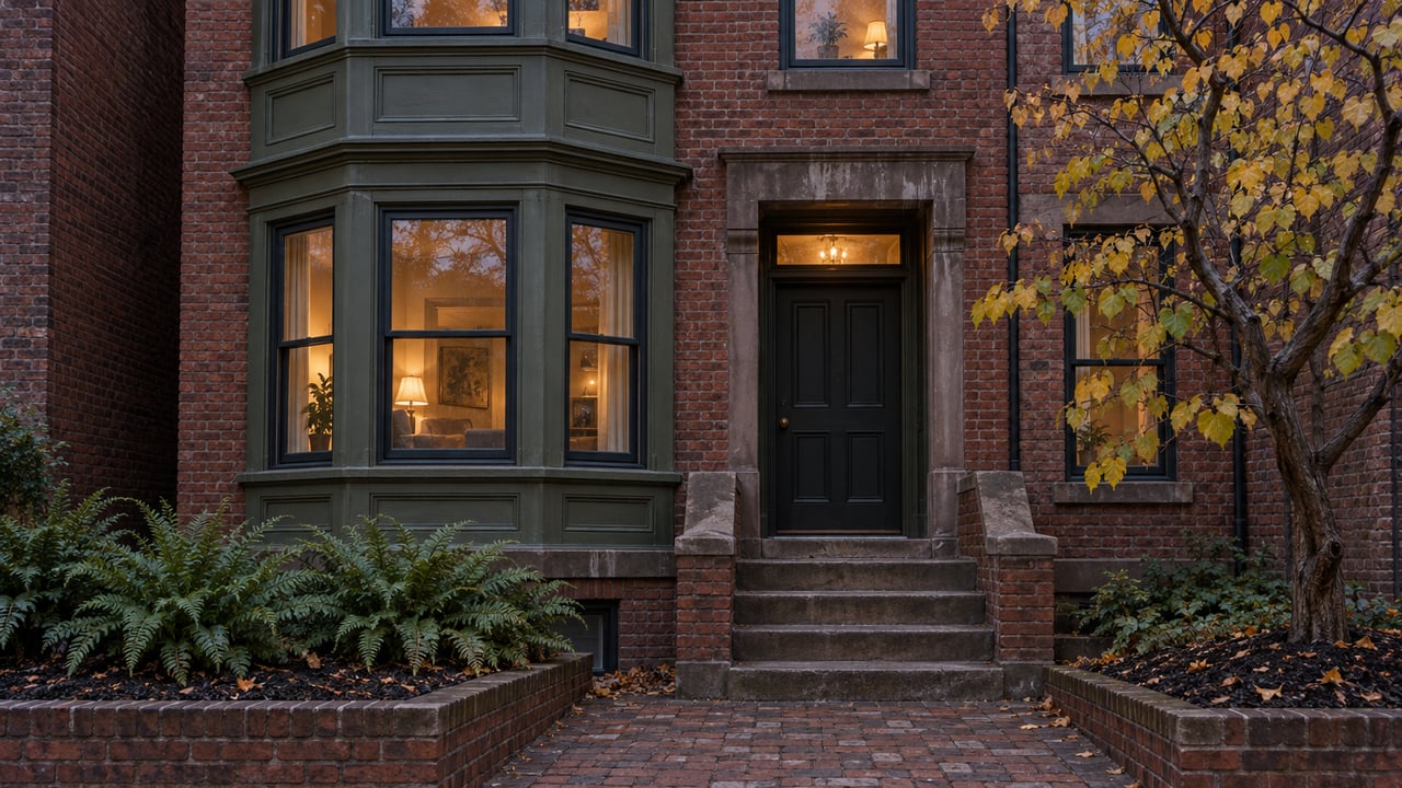 Red brick rowhouse with olive-painted bay windows, a worn stone stoop and warm light behind closed glass at dusk.