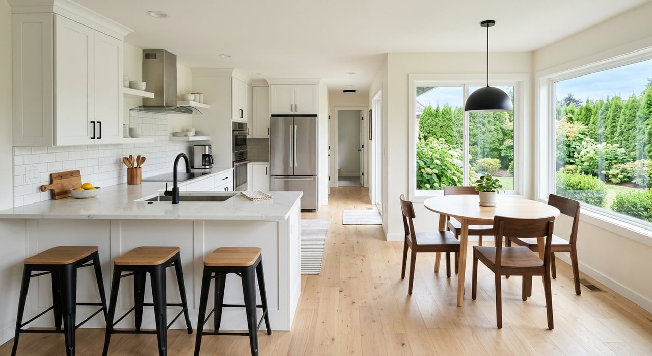 White shaker kitchen with quartz island, black faucet, and a breakfast nook beside a garden-facing window.