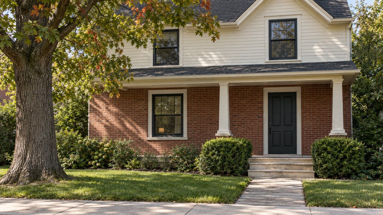 Compact two-story home with red-brick first floor, ivory siding, covered entry, and a mature tree beside the sidewalk.