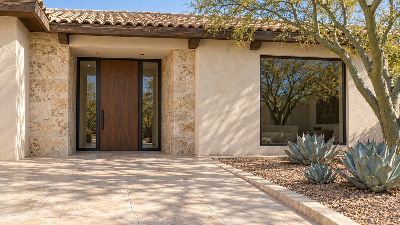 Sunlit ivory stucco home with clay roof tiles, a walnut entry door, limestone approach and sculptural desert planting.