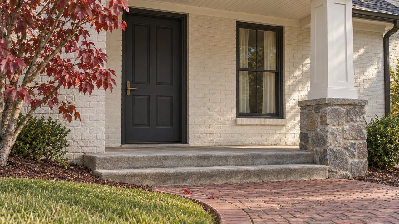 Autumn light across a painted-brick home's covered porch, dark front door, stone column base and curved brick approach.