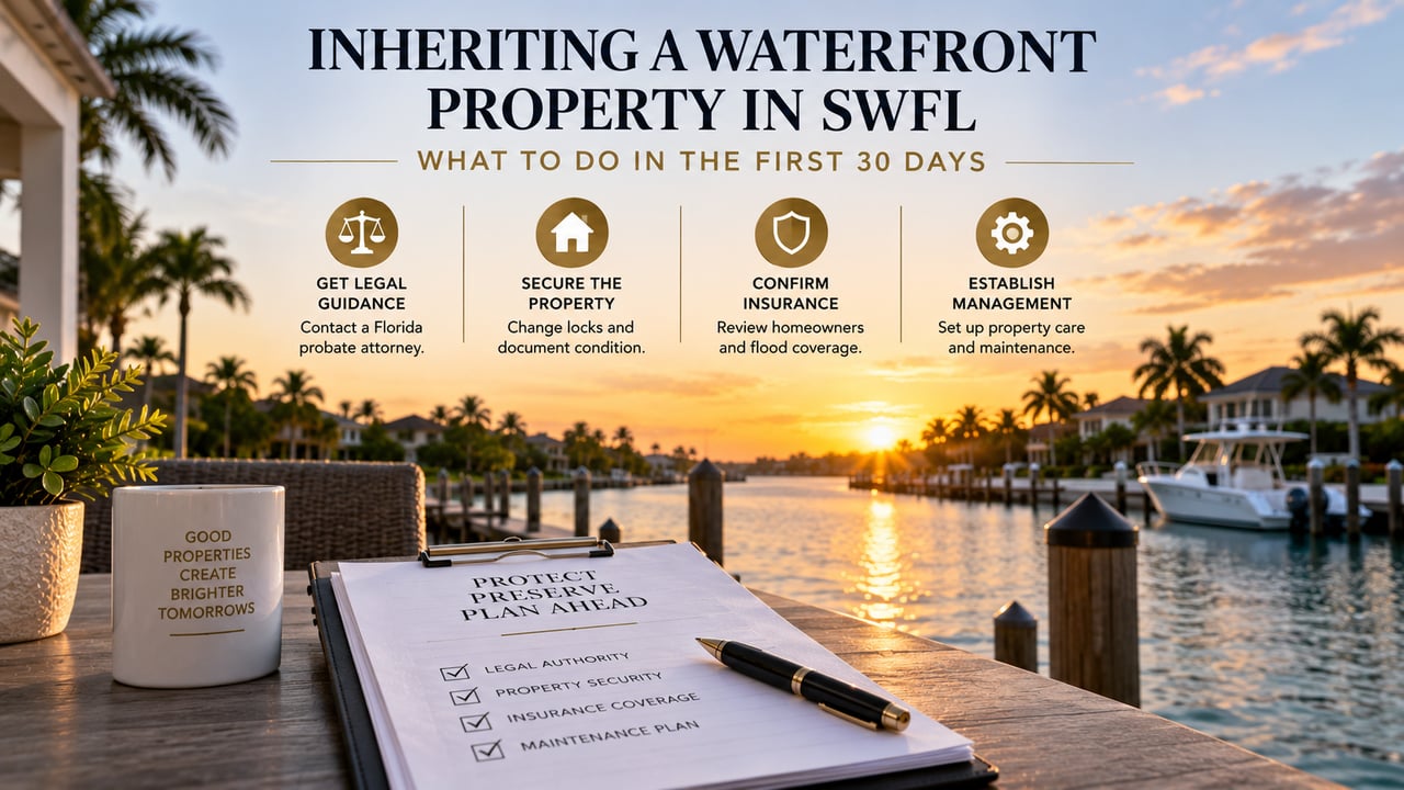 Southwest Florida waterfront property at sunset with an estate planning checklist highlighting legal guidance, property security, insurance, and management during the first 30 days after inheriting a waterfront home in Naples, Fort Myers, Cape Coral, or Bonita Springs.