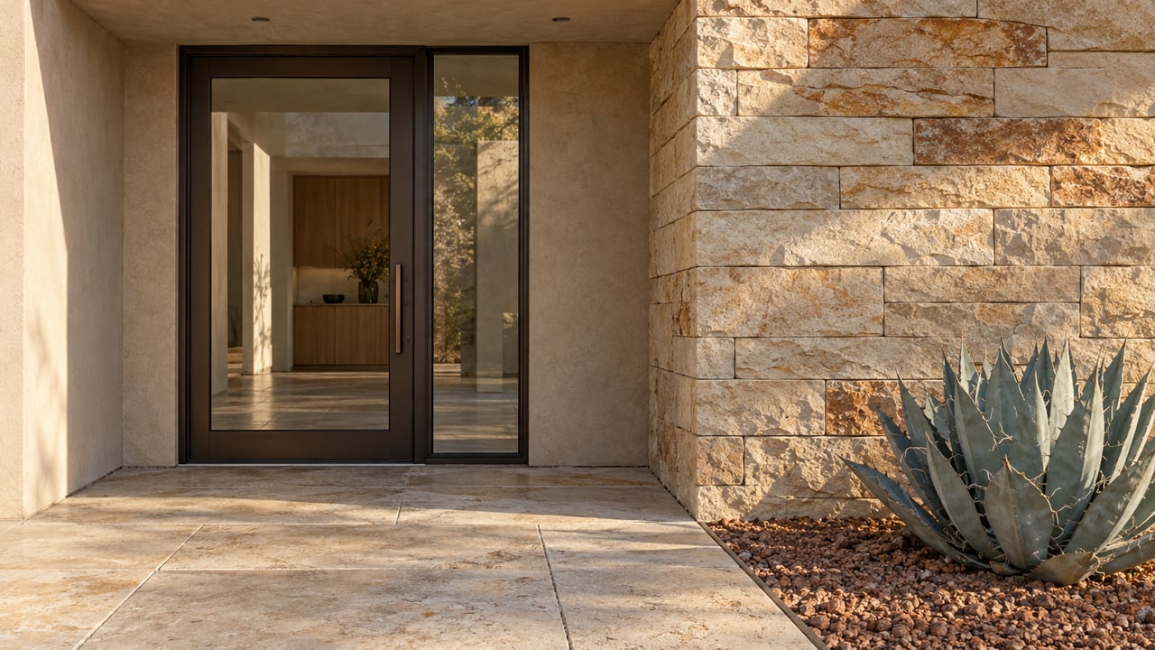 Warm sandstone and sand-colored stucco frame a bronze glass entrance beside a blue-gray agave and limestone approach.