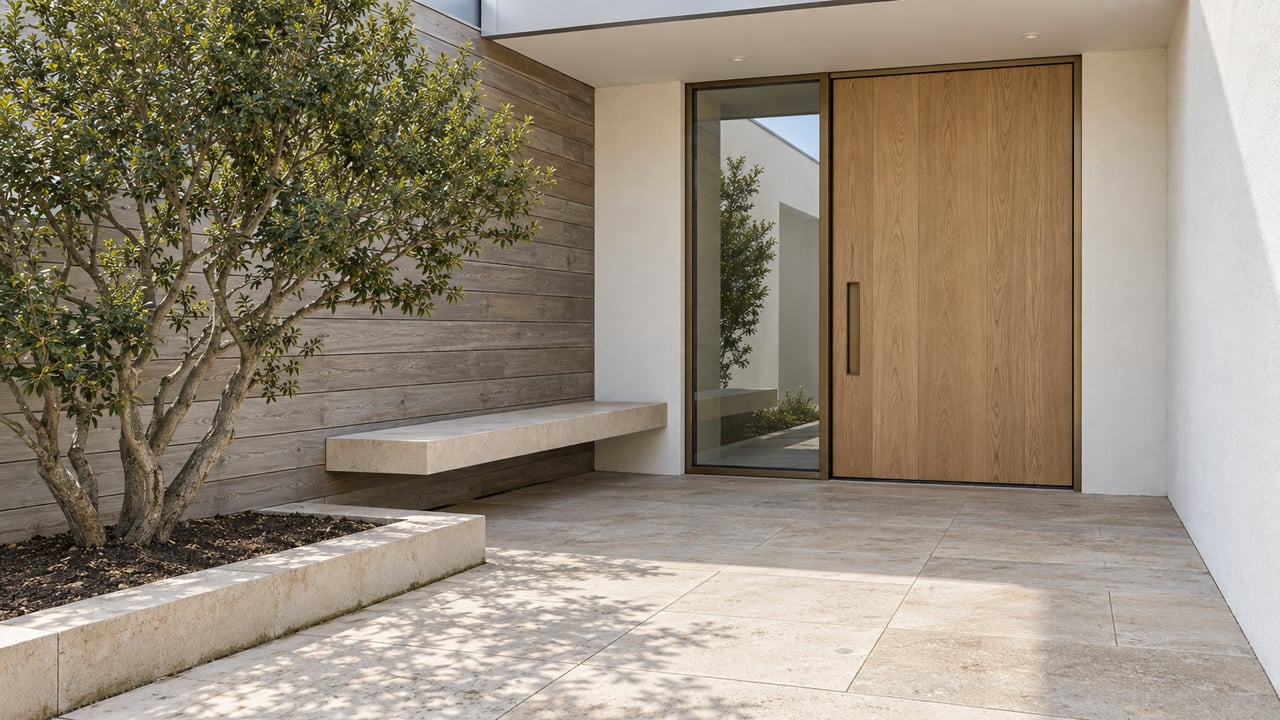 Contemporary home entrance with an oak pivot door, pale limestone terrace, cypress cladding and a sculptural yaupon holly in a raised stone bed.