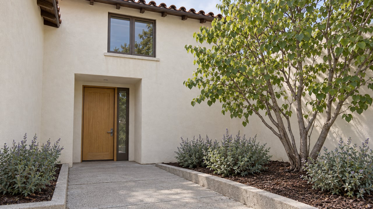 A stucco townhome entry with a closed oak door, clay tile eave, concrete approach, and a branching specimen tree beside a raised planting bed.