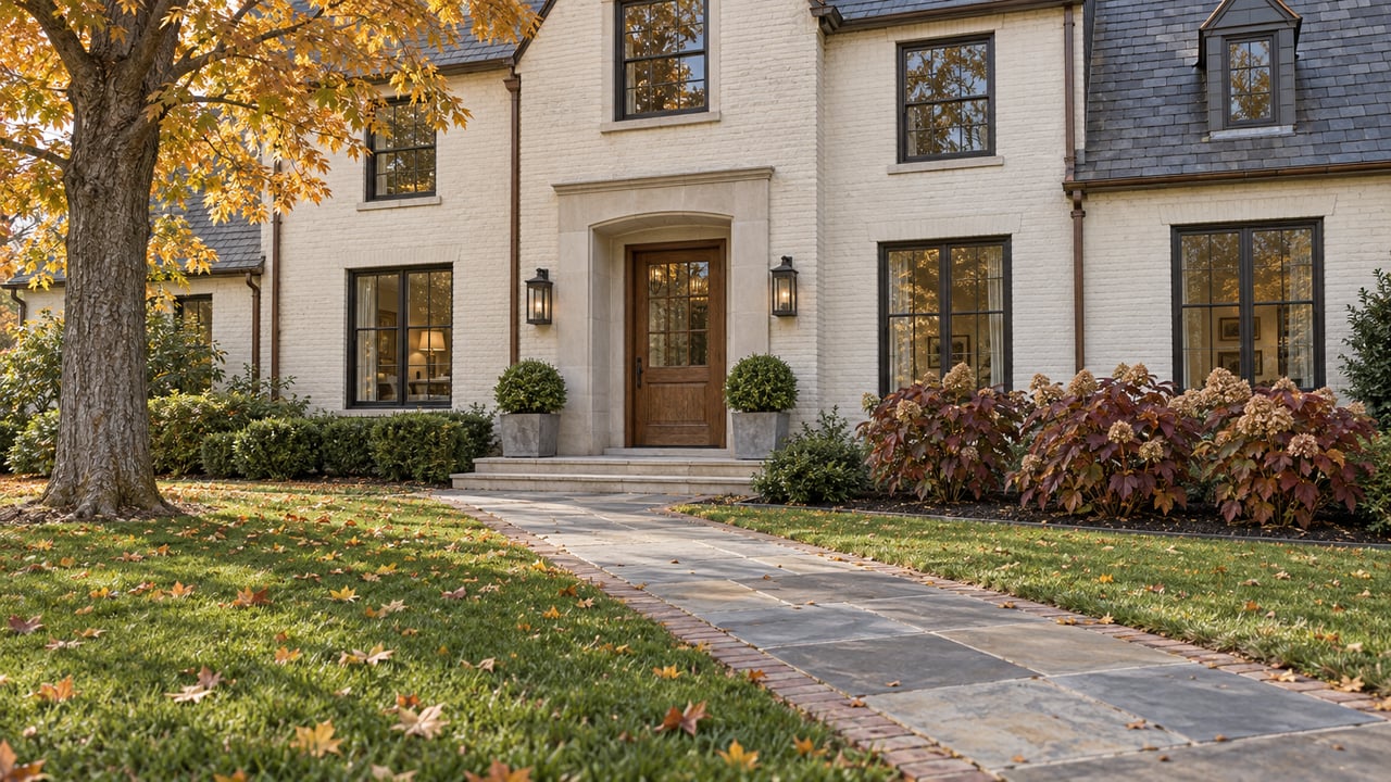 Ivory painted-brick home with slate gables, an oak entry door, and a bluestone walk across a green autumn lawn beneath a golden maple.