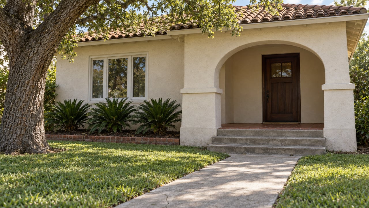 Ivory stucco home with a clay-tile roof, recessed arched porch and concrete walk through a green lawn beneath a mature live oak.