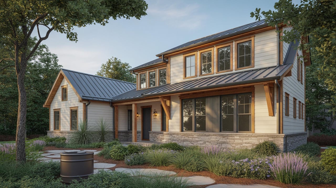 Modern two-story house with a metal roof, broad windows, and a landscaped yard.
