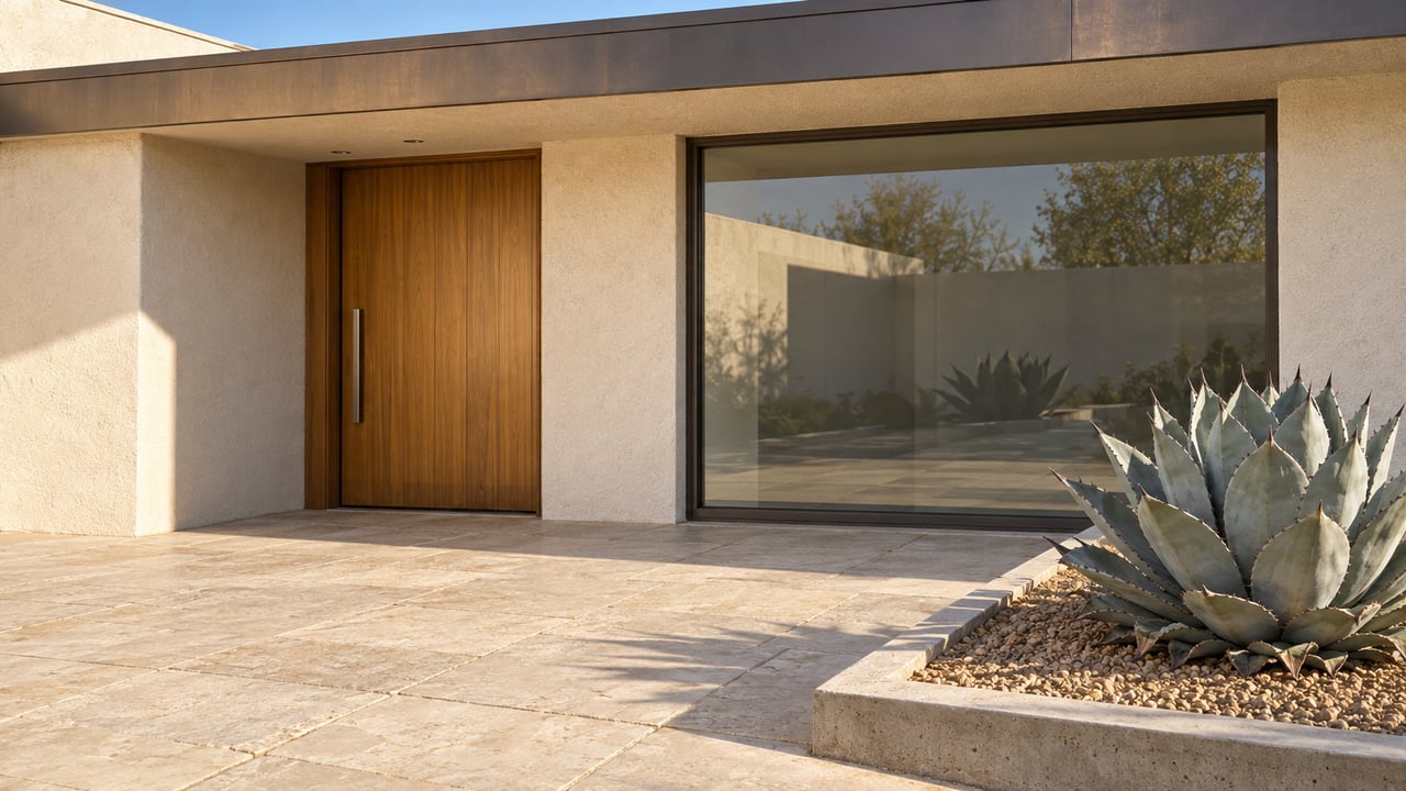 Warm stucco entry with a timber door, bronze-framed glass and a silver-blue agave beside pale stone paving.