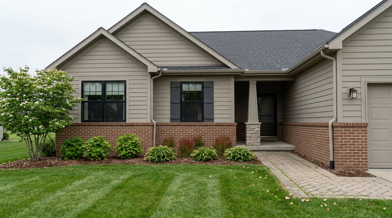 Brick-and-greige suburban home with a recessed entry, attached garage, lawn, paver walk, and flowering dogwood.