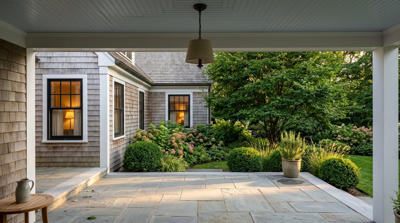 Covered porch overlooking a bluestone terrace, hydrangeas, boxwoods, and a leafy serviceberry tree.