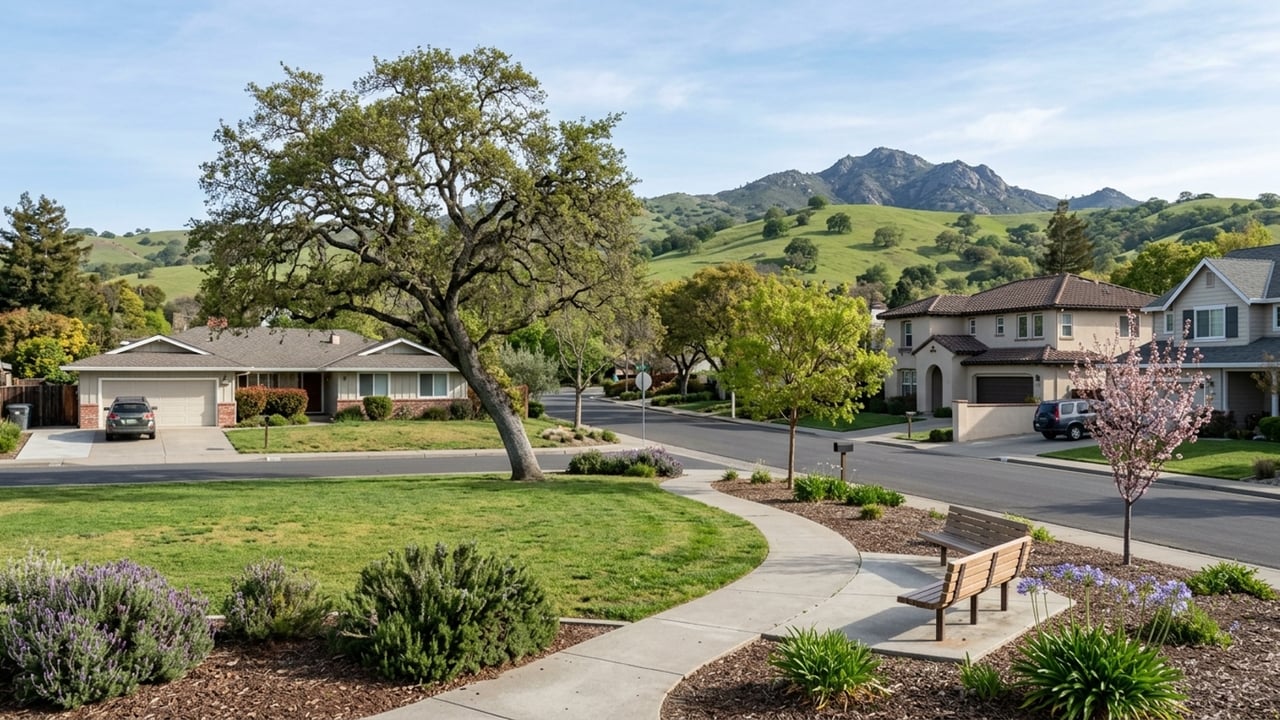 Residential neighborhood beside a landscaped park, with green hills and a mountain ridge beyond.