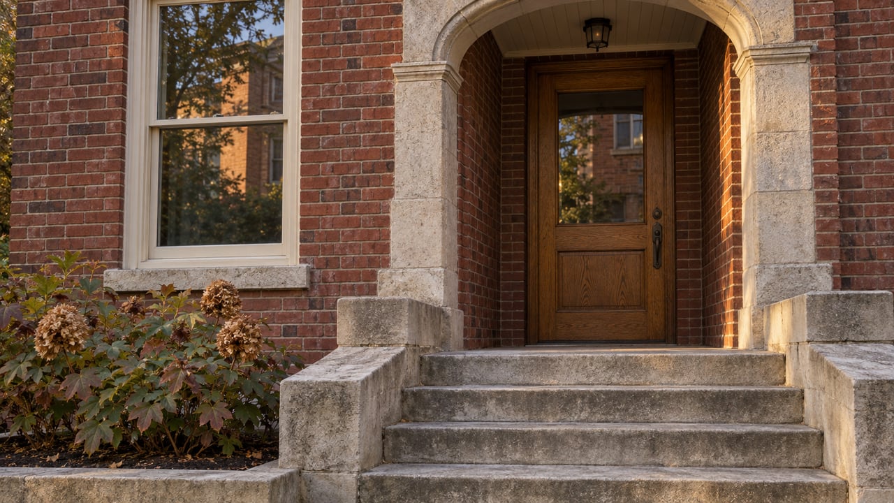 Red brick home entrance with an oak door, worn limestone steps, and russet oakleaf hydrangea beside a cream-painted window.