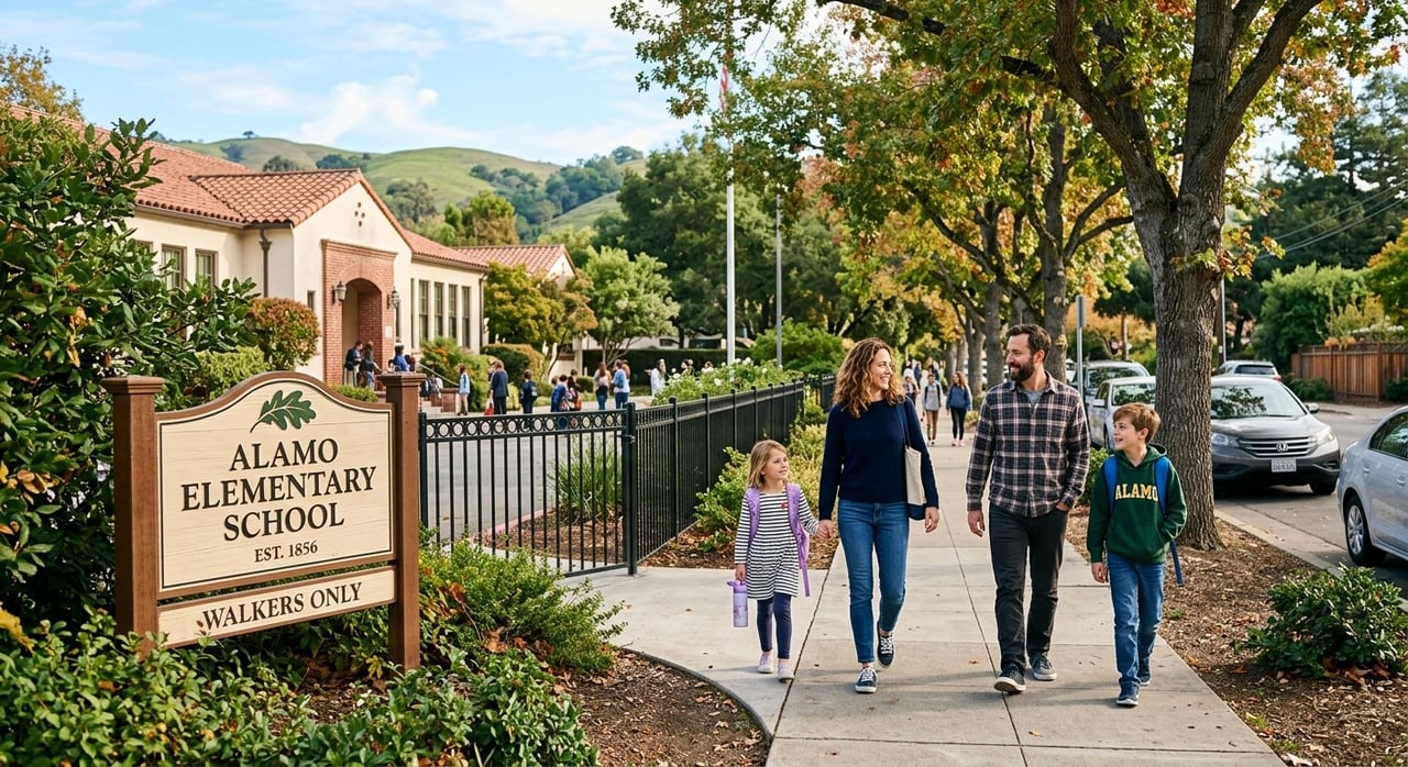 Alamo Elementary School entrance and sign beside a tree-lined sidewalk as a family walks past.