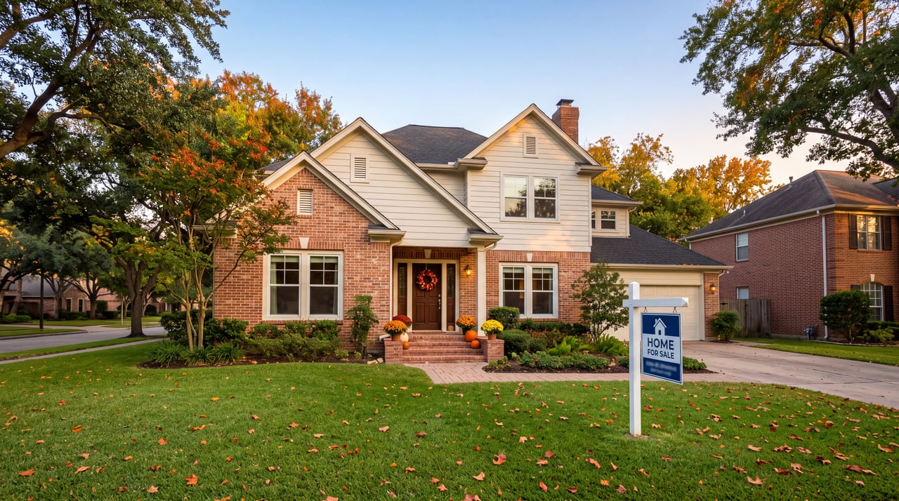 Two-story brick home with 'Home For Sale' sign, fall wreath and pumpkins in the Houston fall real estate market