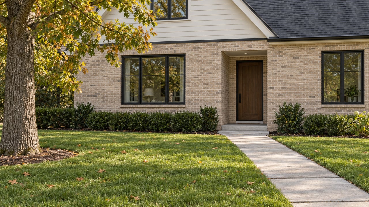 Renovated brick-and-siding house with a recessed oak door, concrete path, deep lawn, and amber-edged oak.