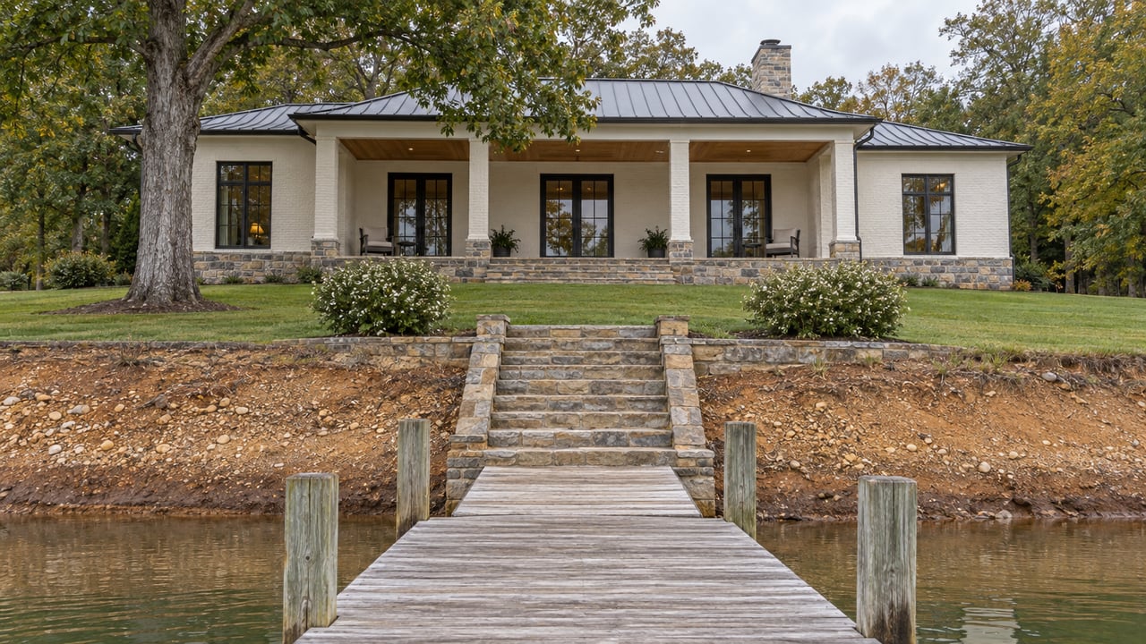 Waterfront house with a covered porch and tall glass doors above stone steps, a clay bank, and a dock.