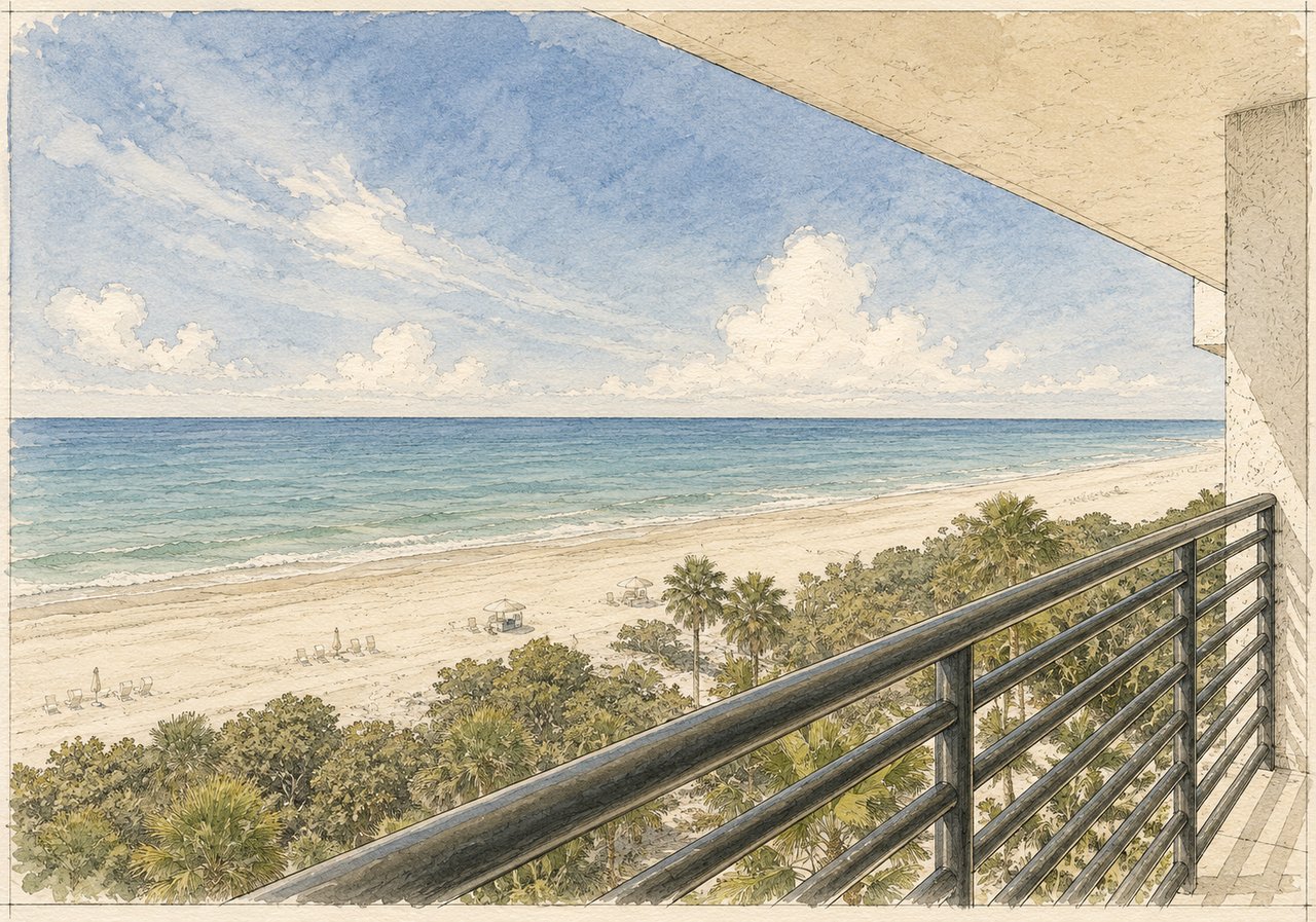 Beachfront balcony overlooking the ocean, with a dark railing and palms along the sandy shore.