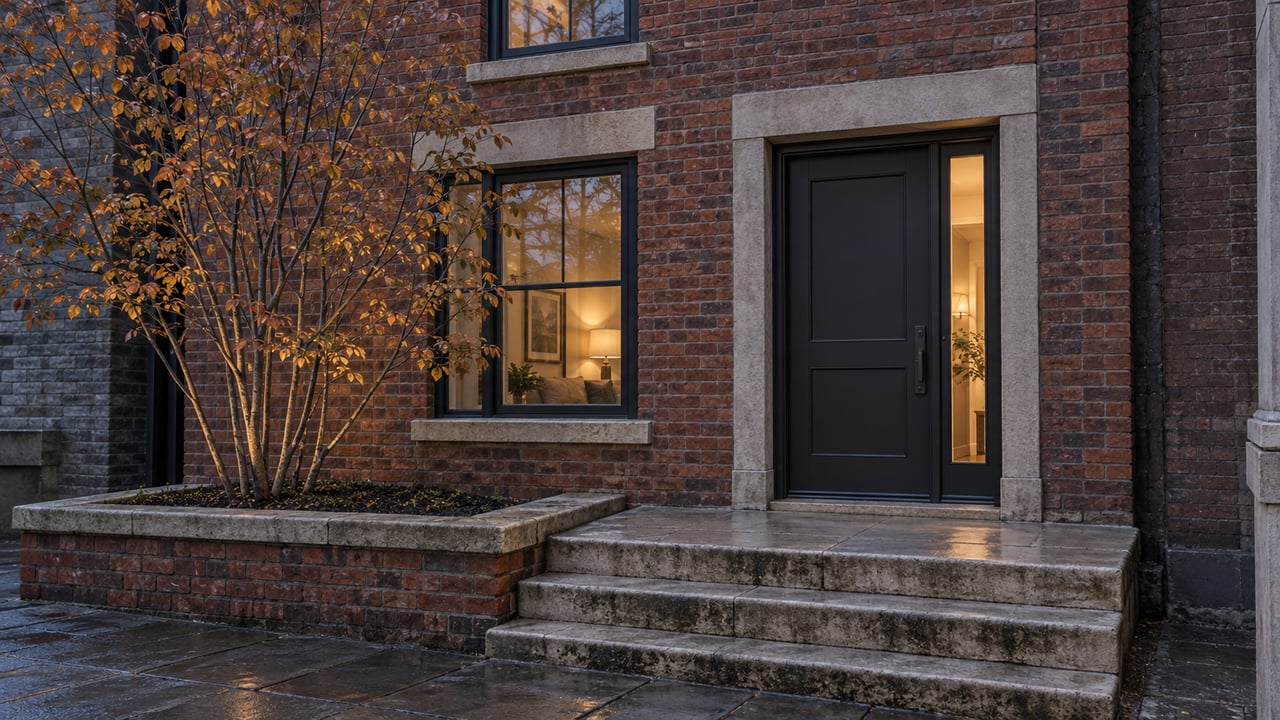 Townhouse entrance with charcoal door, glowing windows, limestone steps, and a sparse autumn tree.