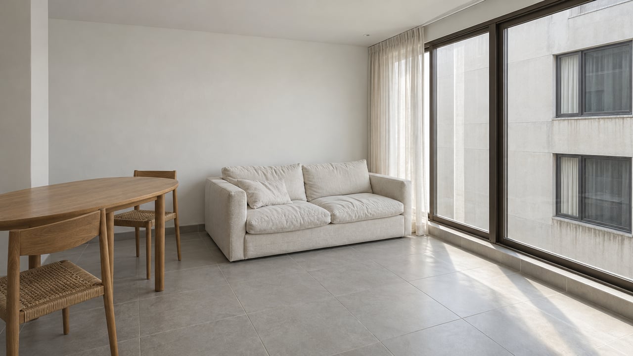 Bright condominium living corner with an oak dining table, woven-seat chairs, linen sofa, gray tile floor, and closed dark-framed glazing.