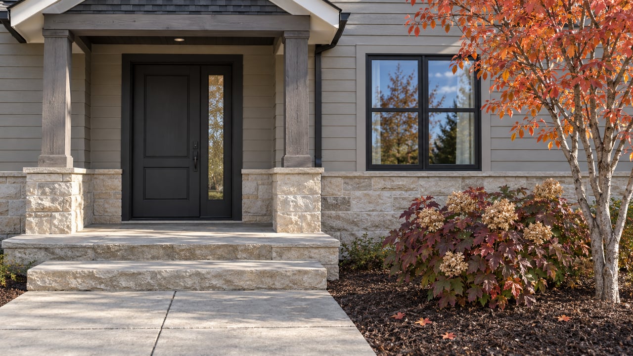 Gabled house entrance with grey wood siding, limestone steps, black-framed window and red-orange autumn serviceberry foliage.