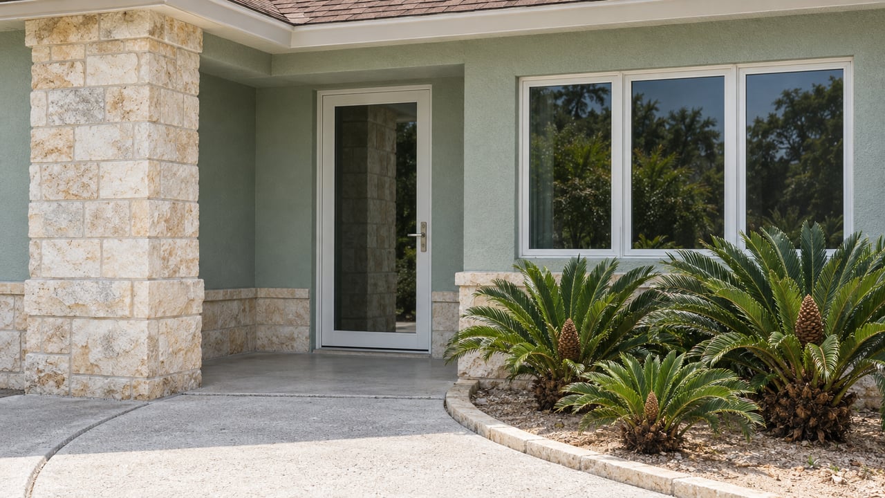 Sunlit recessed entry with seafoam stucco, a limestone-clad column, glazed door and coontie beside a curved concrete approach.