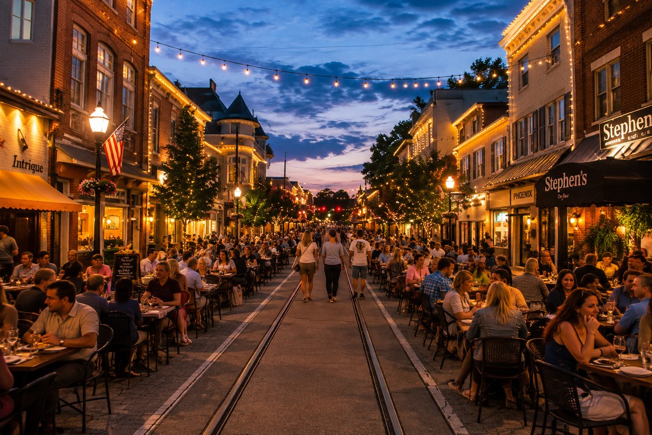 Media’s downtown dining street at dusk, with trolley tracks, crowded outdoor tables, and glowing string lights.