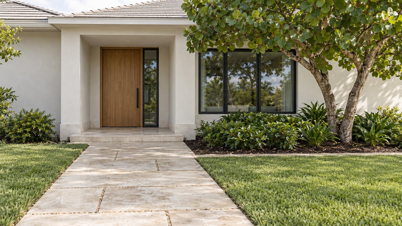 Contemporary stucco home with a sheltered oak entry, pale limestone walkway, broad lawn and a sculptural sea grape tree.