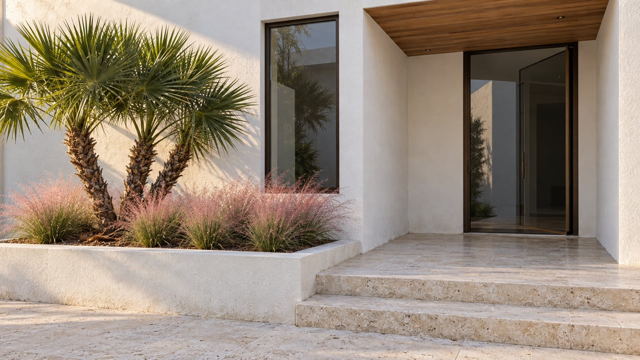 White stucco home entry with a cypress soffit, bronze-framed glass door, pale limestone steps, and a masonry planter holding a sculptural palm and pink muhly grass.